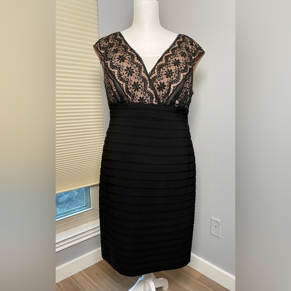 Adrianna Papell Woman Black and Lace Fitted Dress with Front and Back Neckline